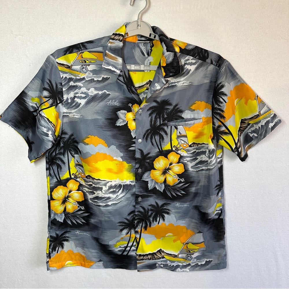 Kalena Fashions Hawaiian Shirt Men's XL Gray Yellow Floral Tropical Surfer Beach